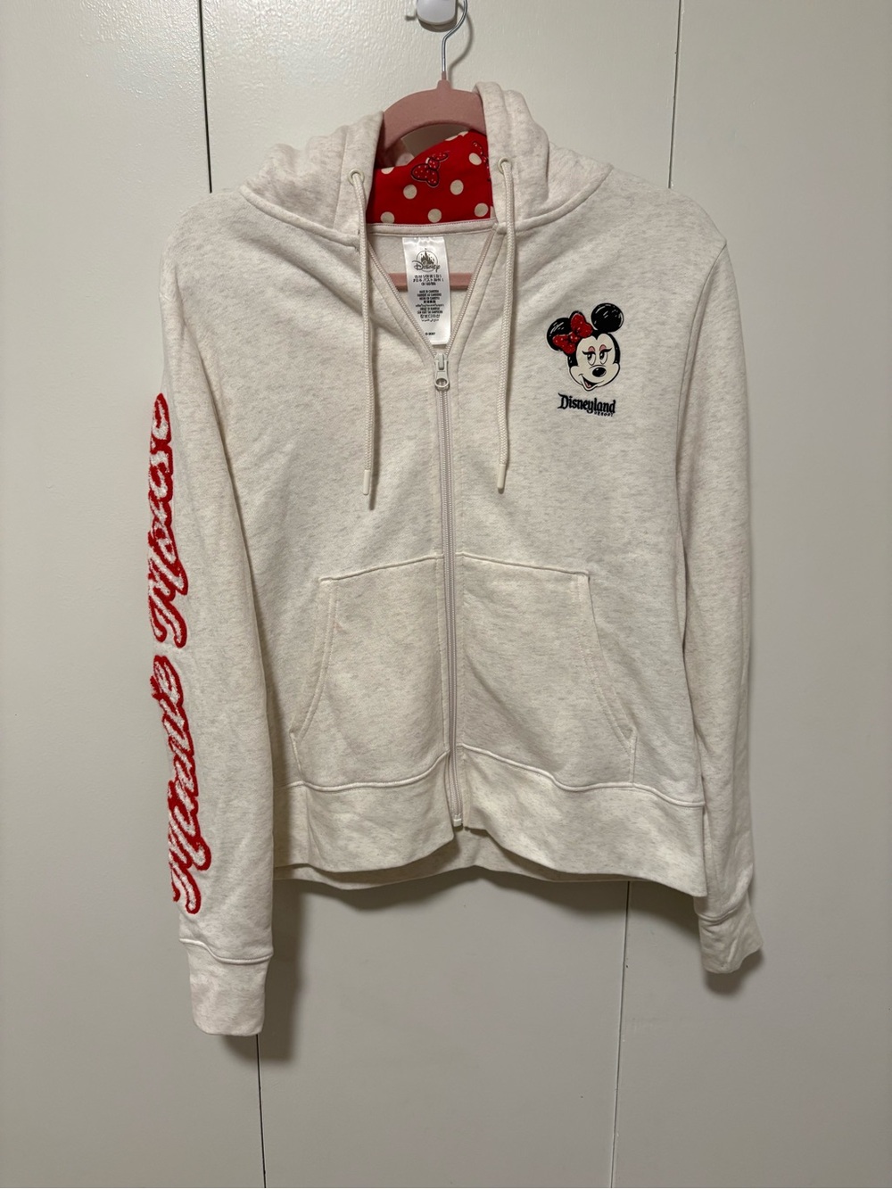 Disney Parks Minnie Mouse zip hoodie vibrant red/white polka-dot lining sz small